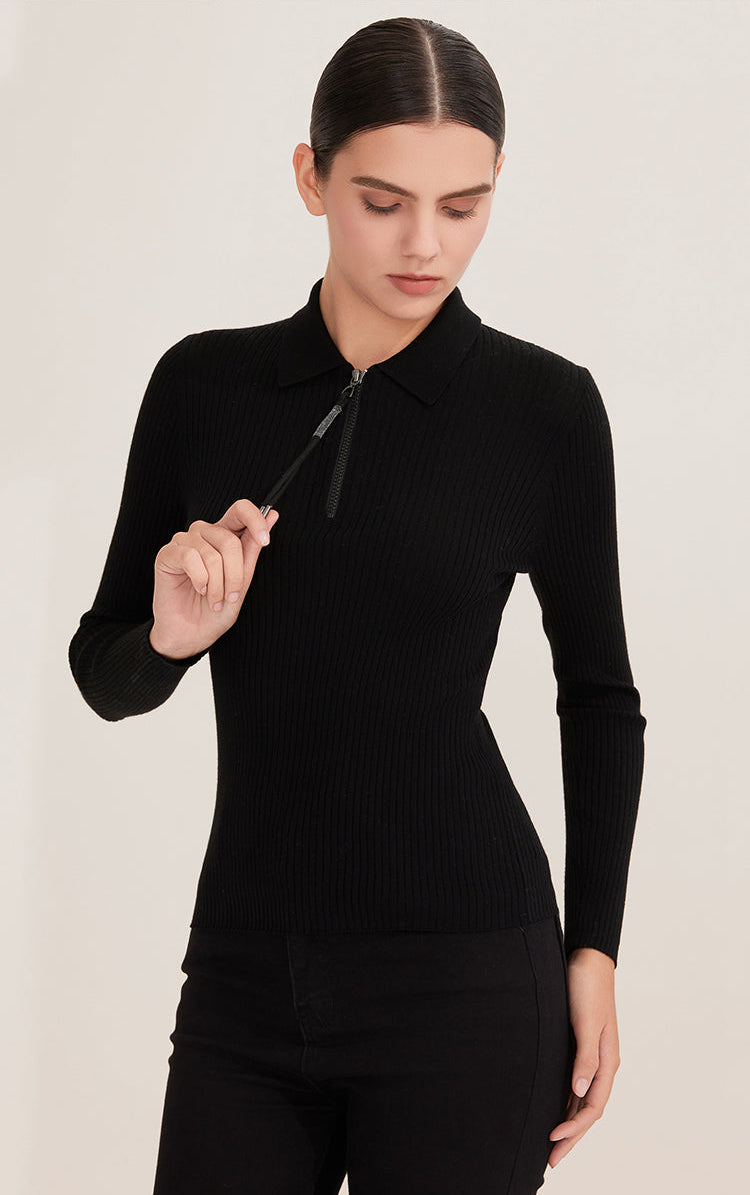 Merino Yünü Yarım Fermuarlı Polo Kazak