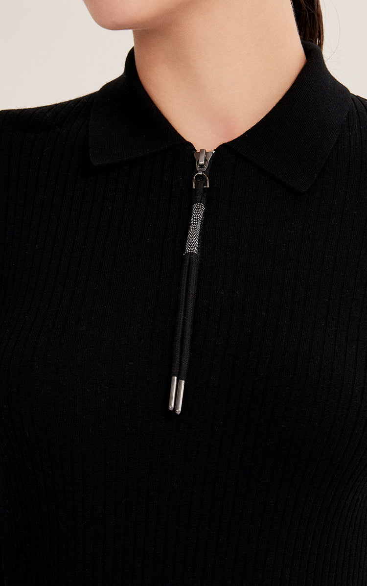 Merino Yünü Yarım Fermuarlı Polo Kazak