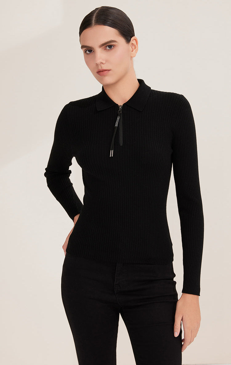 Merino Yünü Yarım Fermuarlı Polo Kazak