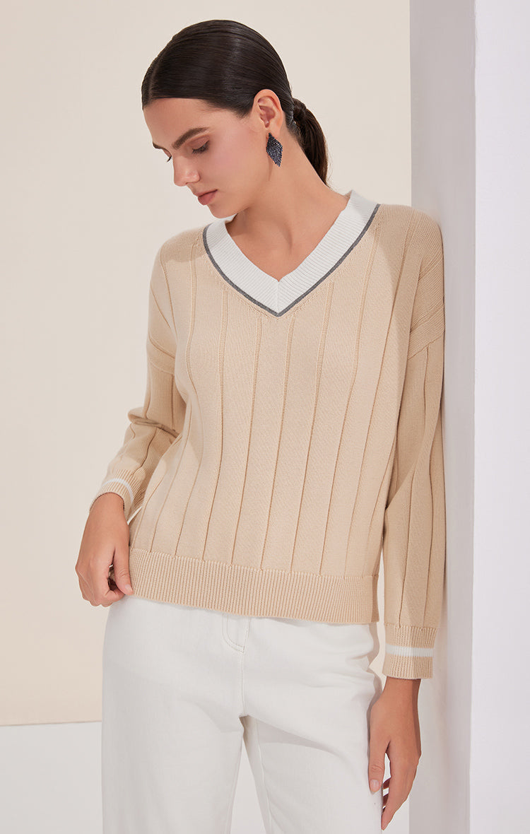 Pamuk V Yaka Kontrast Detaylı Kazak