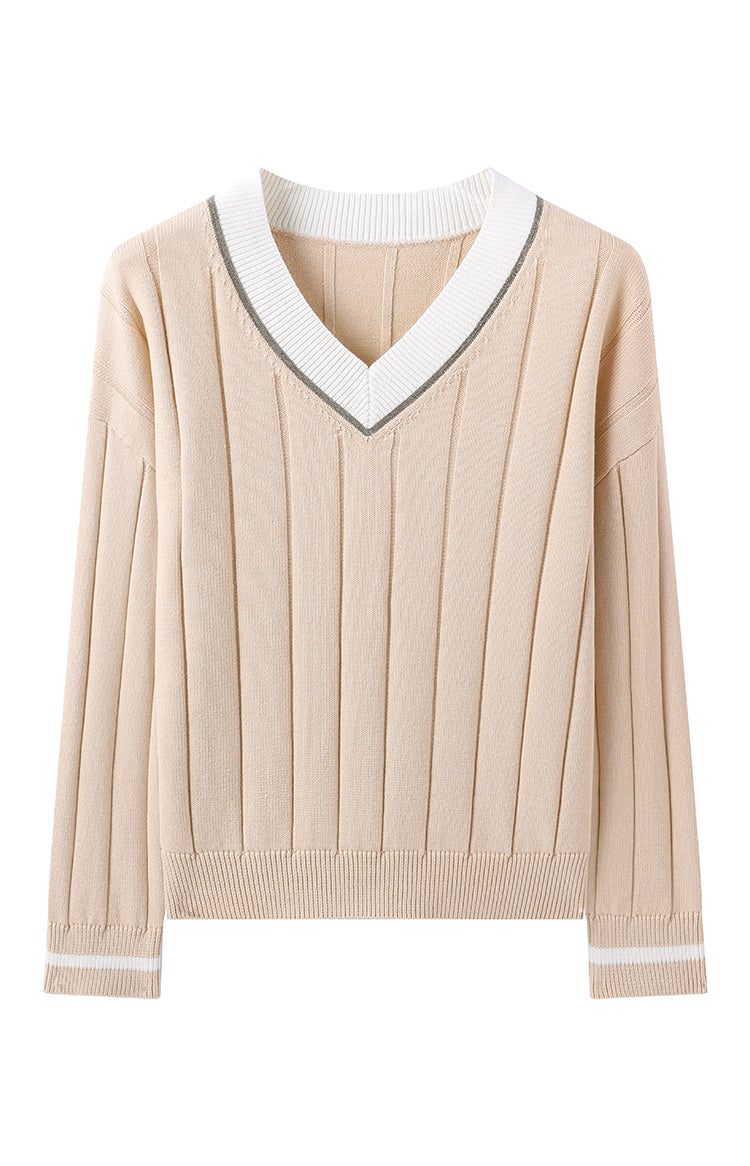 Pamuk V Yaka Kontrast Detaylı Kazak