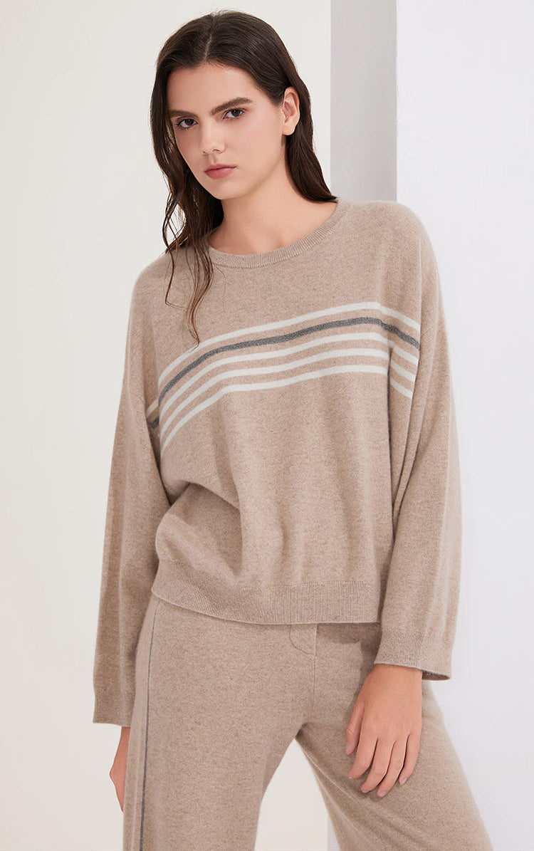 Saf Kaşmir Çizgili Bisiklet Yaka Kazak