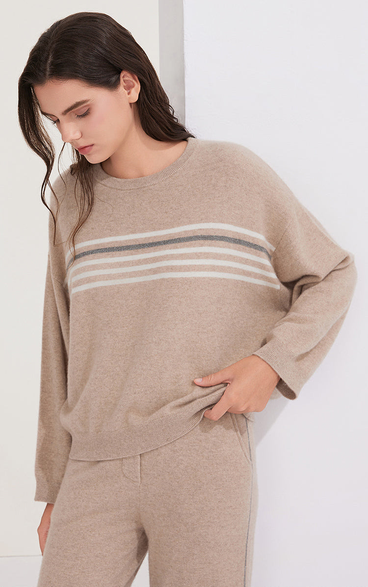 Saf Kaşmir Çizgili Bisiklet Yaka Kazak