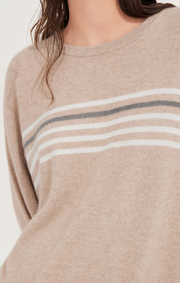 Saf Kaşmir Çizgili Bisiklet Yaka Kazak