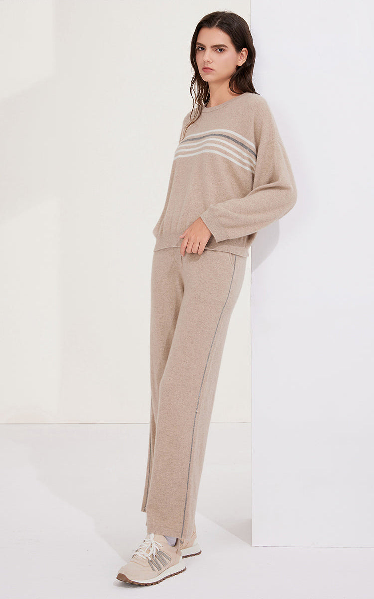 Saf Kaşmir Çizgili Bisiklet Yaka Kazak