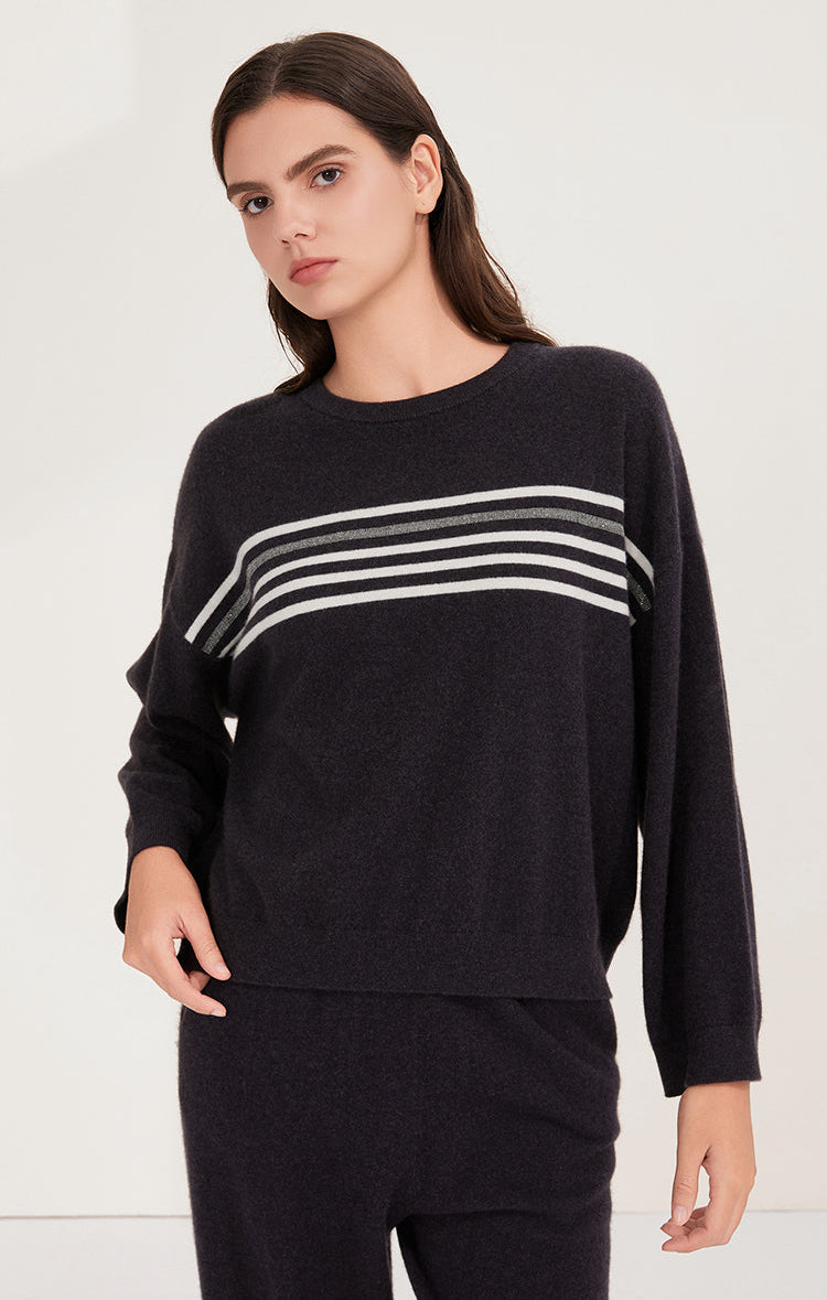 Saf Kaşmir Çizgili Bisiklet Yaka Kazak