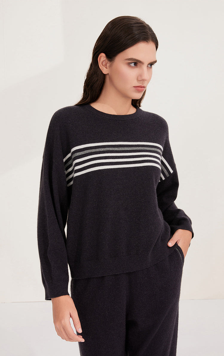 Saf Kaşmir Çizgili Bisiklet Yaka Kazak