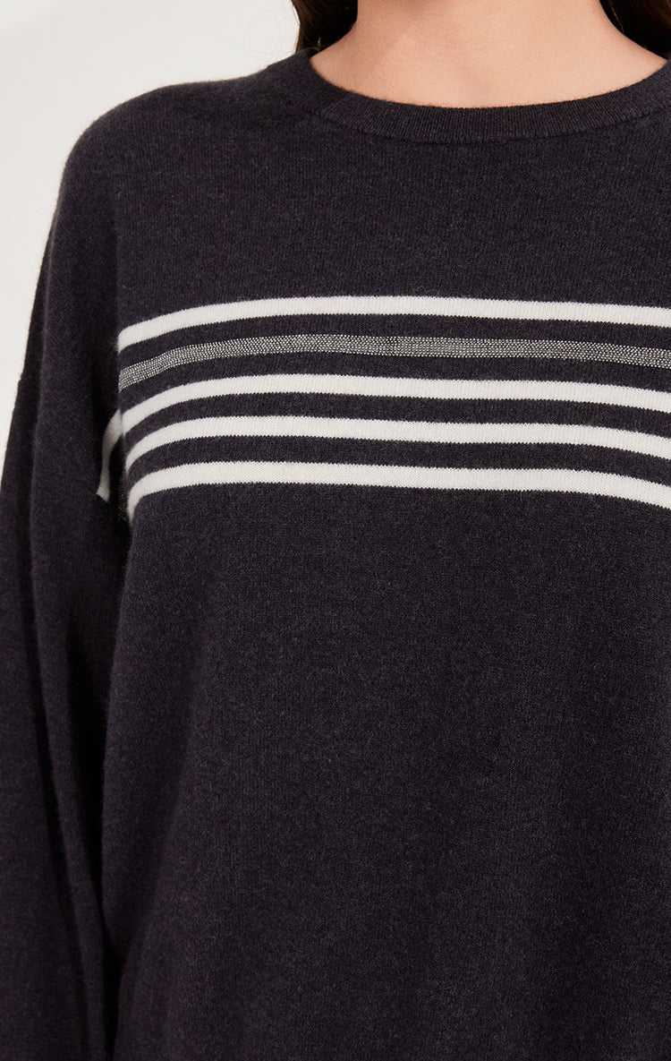 Saf Kaşmir Çizgili Bisiklet Yaka Kazak