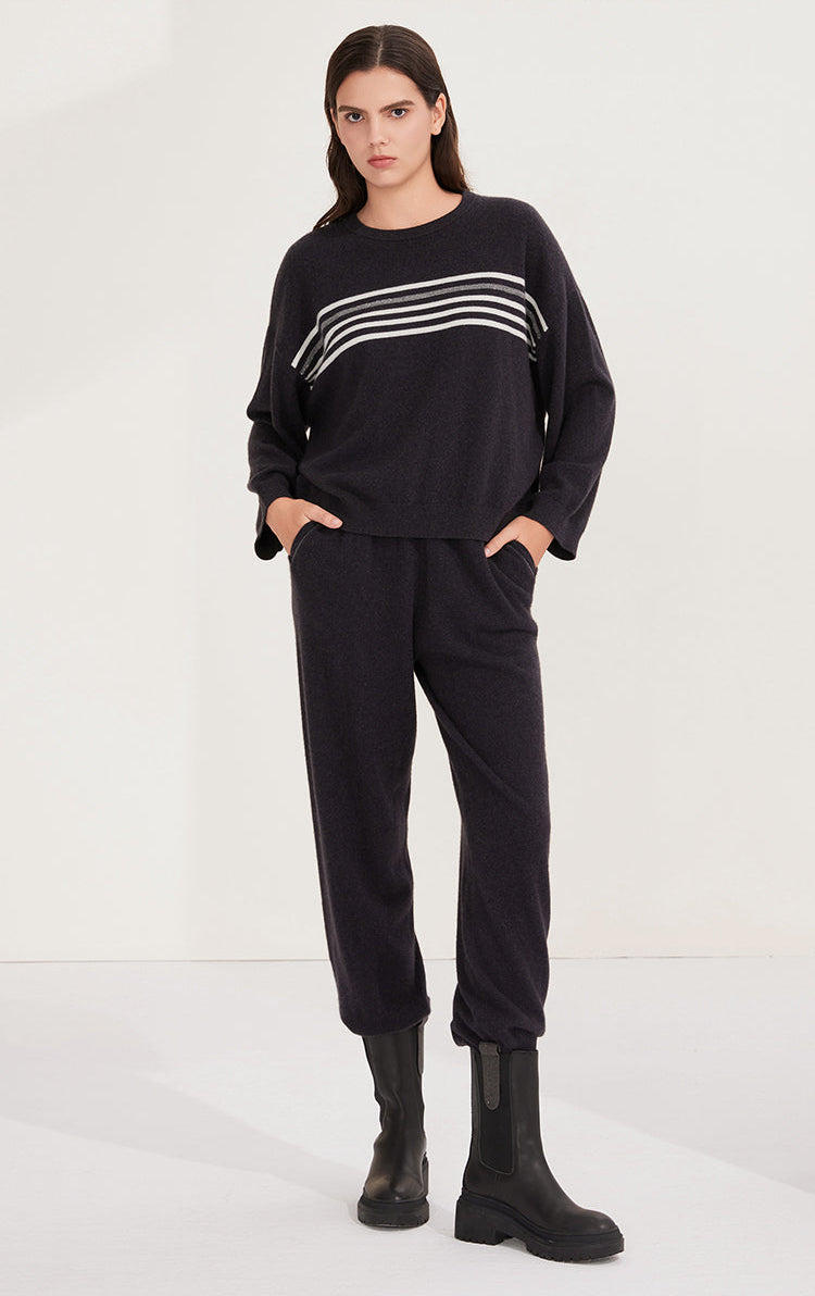 Saf Kaşmir Çizgili Bisiklet Yaka Kazak