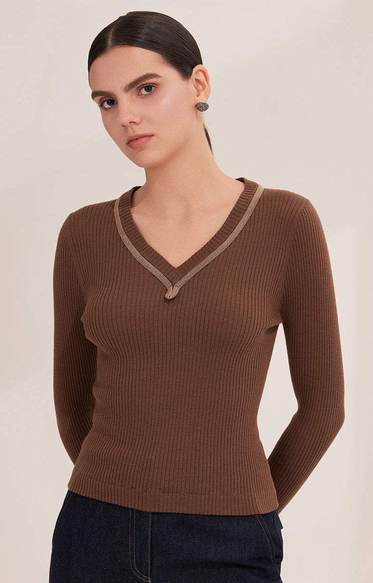 Merino Yünü Dörtgen Yaka Uzun Kollu Dizili Kazak