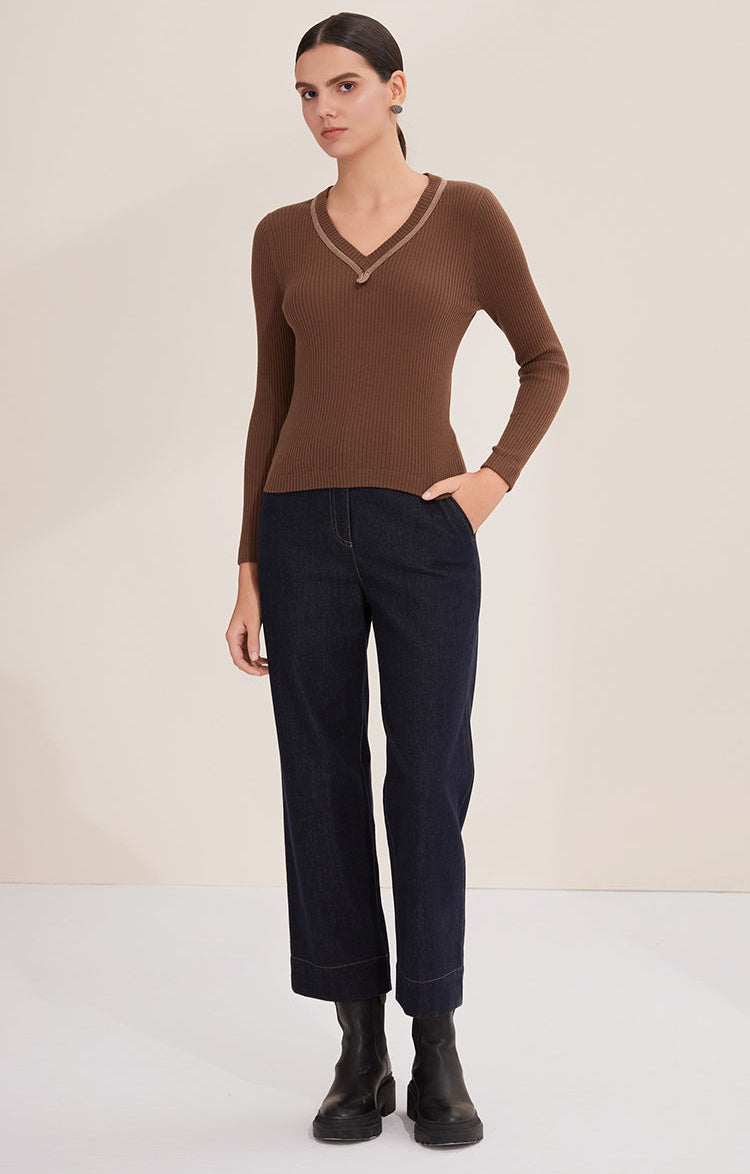 Merino Yünü Dörtgen Yaka Uzun Kollu Dizili Kazak