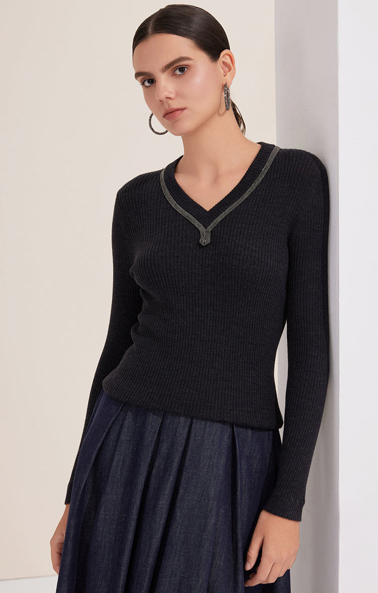 Merino Yünü Dörtgen Yaka Uzun Kollu Dizili Kazak