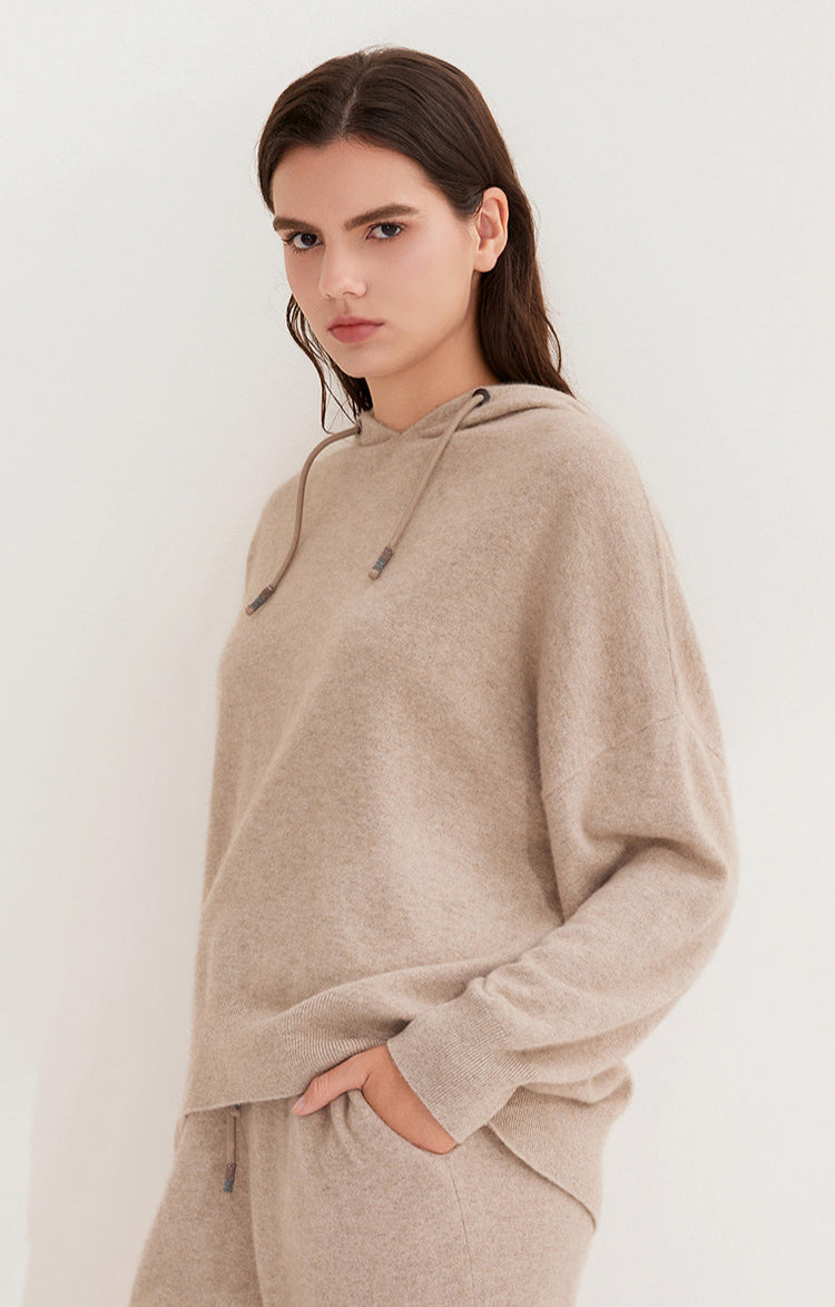 Saf Kaşmir Bol Kesim Kapüşonlu Kazak