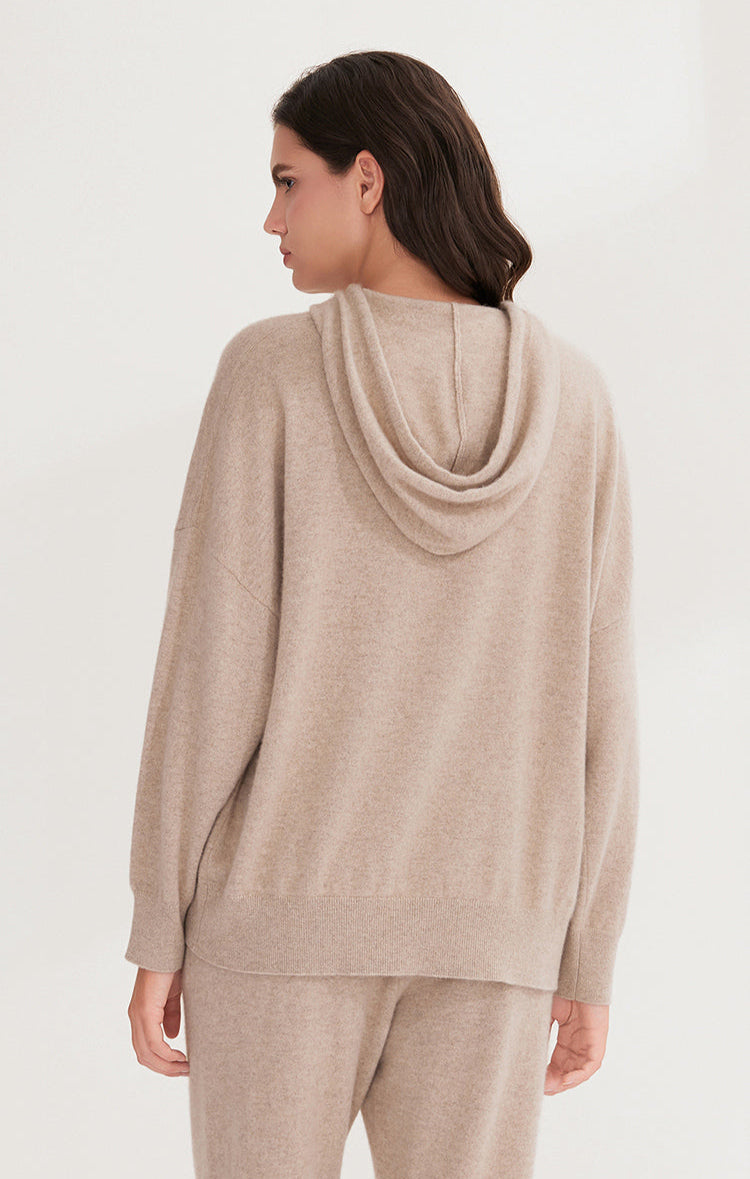 Saf Kaşmir Bol Kesim Kapüşonlu Kazak