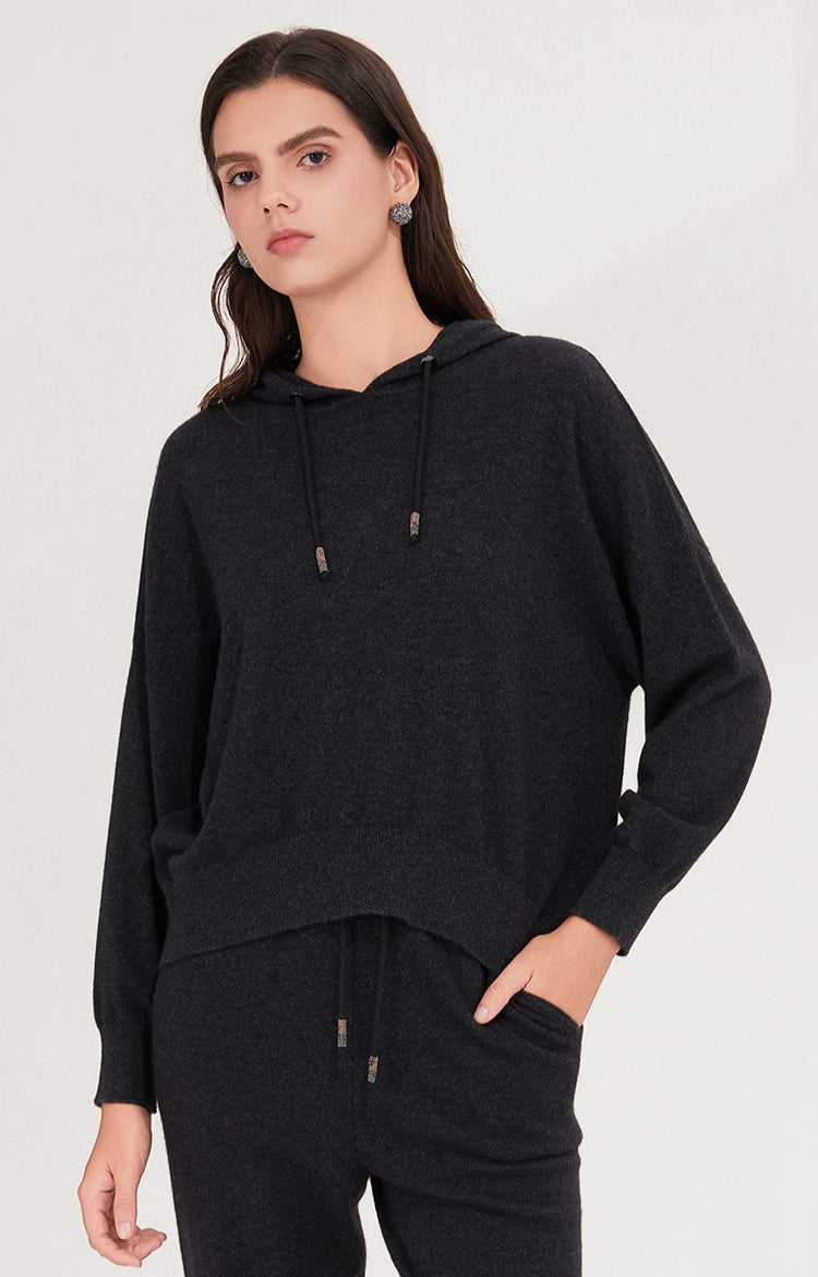 Saf Kaşmir Bol Kesim Kapüşonlu Kazak