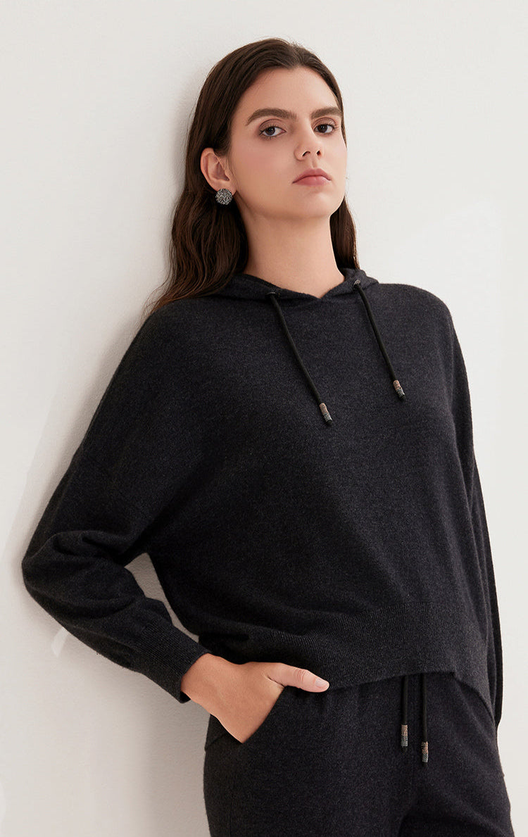 Saf Kaşmir Bol Kesim Kapüşonlu Kazak