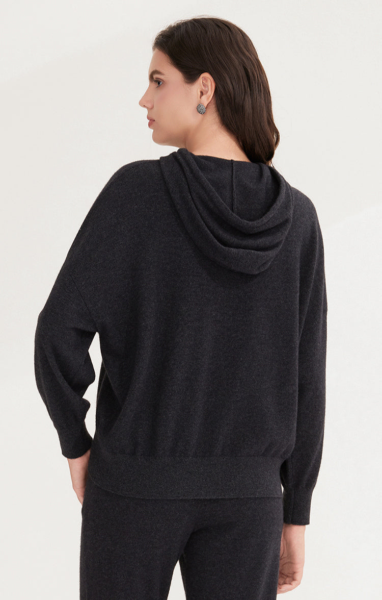 Saf Kaşmir Bol Kesim Kapüşonlu Kazak