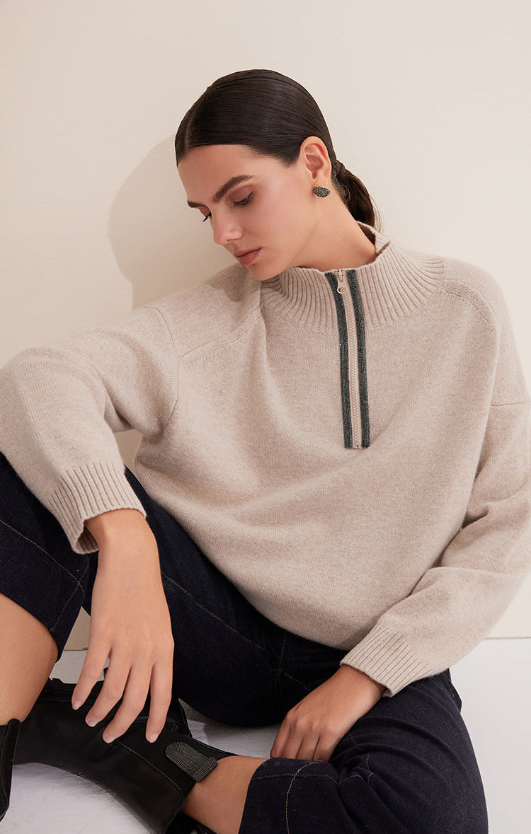 Merino Yünü Balıkçı Yaka Çift Taraflı Fermuarlı Kazak