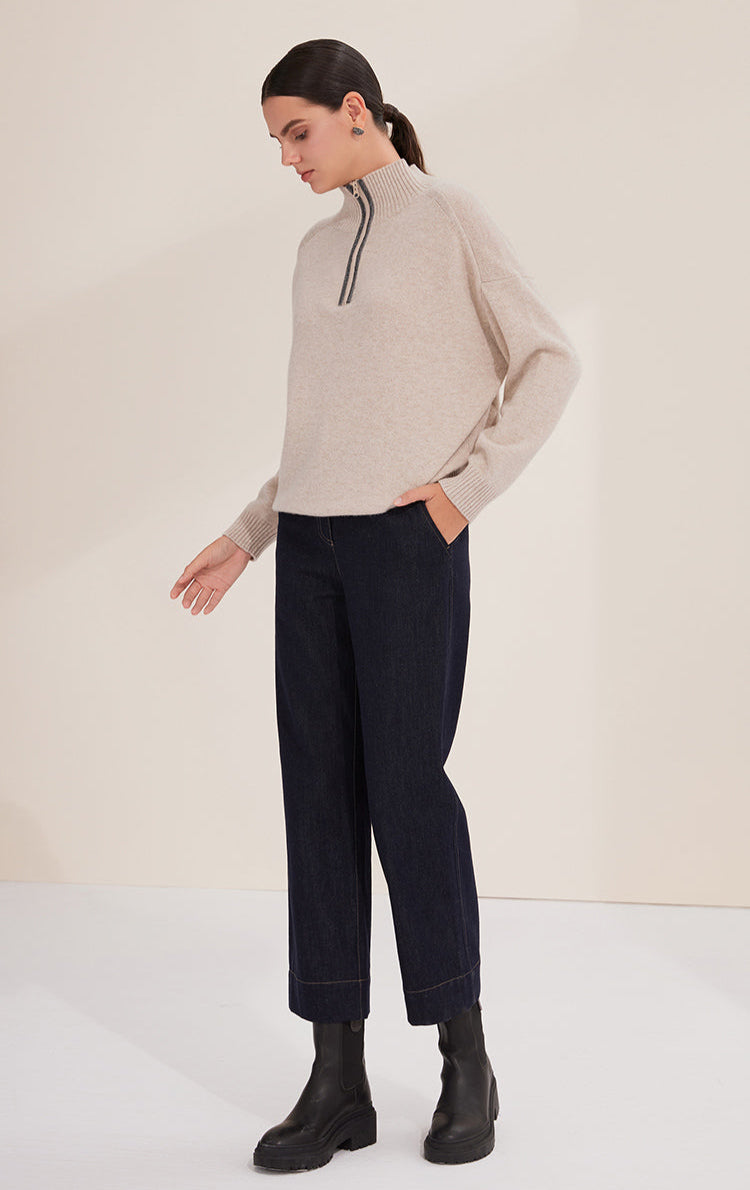 Merino Yünü Balıkçı Yaka Çift Taraflı Fermuarlı Kazak