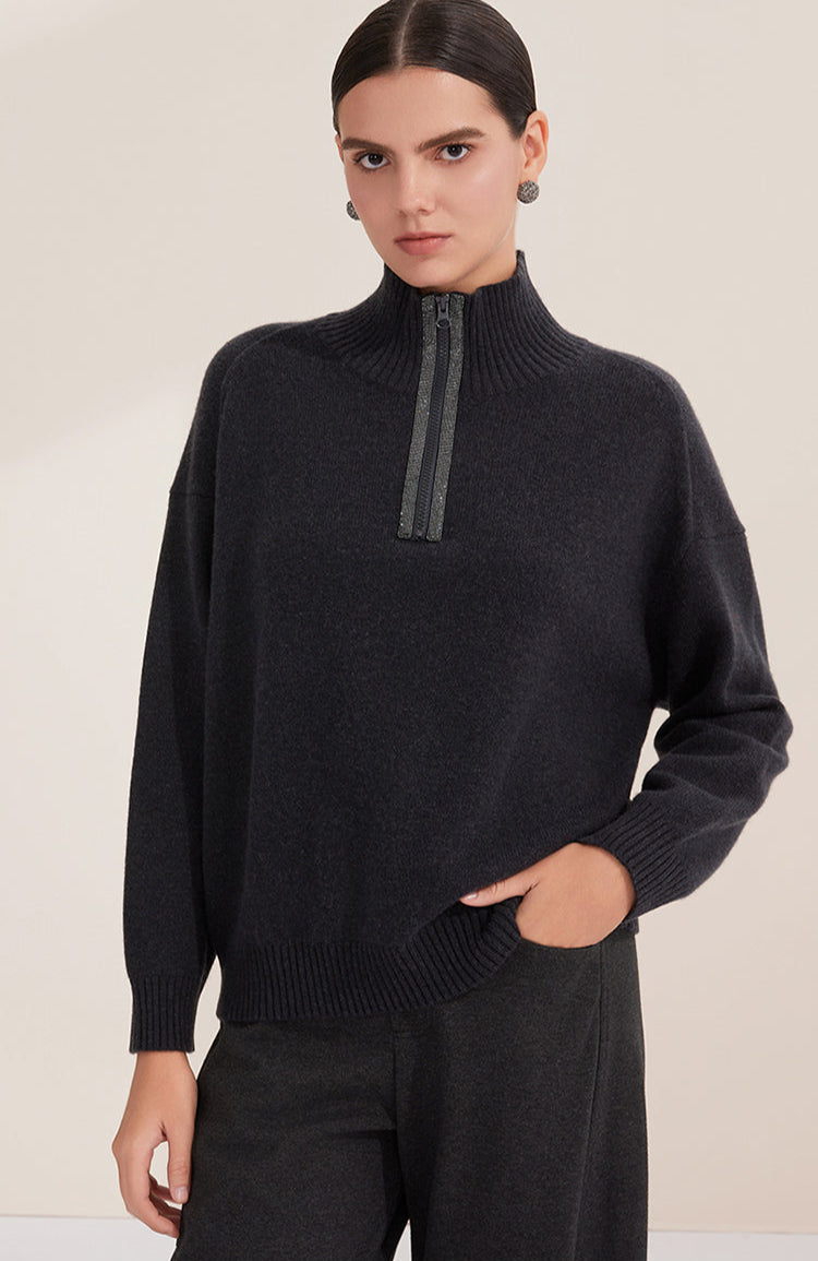 Merino Yünü Balıkçı Yaka Çift Taraflı Fermuarlı Kazak