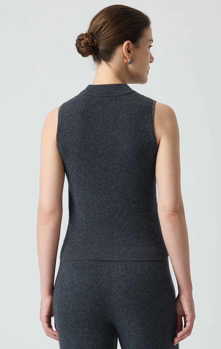 Saf Kaşmir Yarı Balıkçı Yaka Kolsuz Bluz