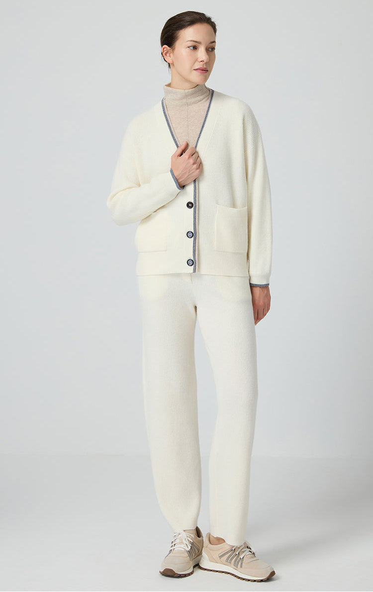 Yün Kontrast Kenarlı V Yaka Hırka