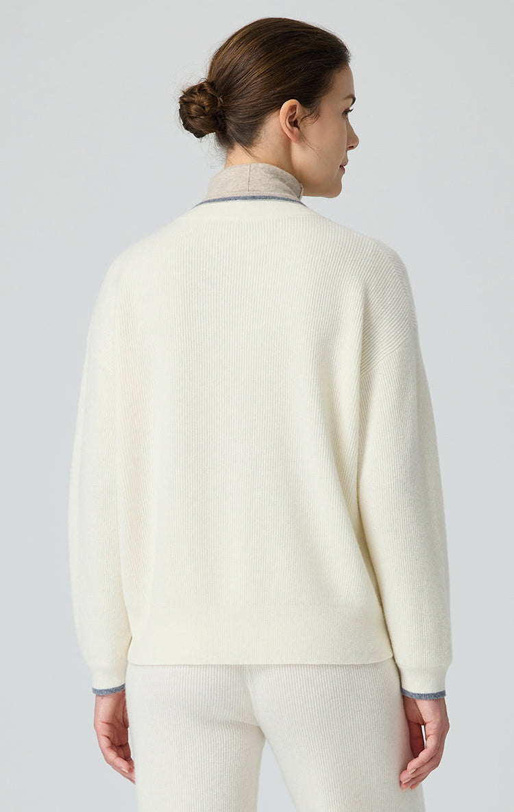 Yün Kontrast Kenarlı V Yaka Hırka