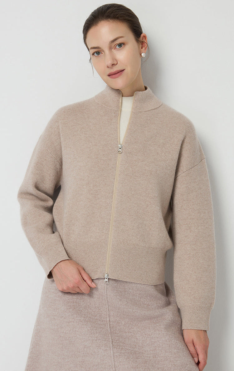 Saf Kaşmir Fermuarlı Örgü Ceket