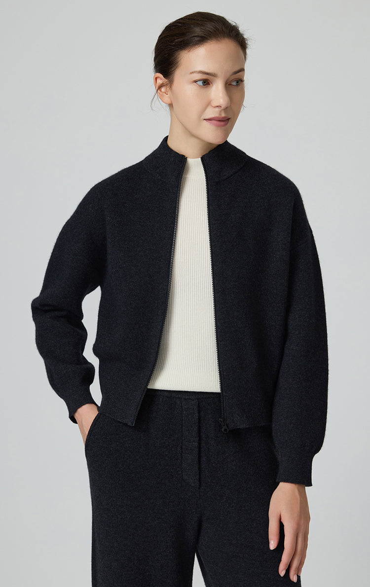 Saf Kaşmir Fermuarlı Örgü Ceket