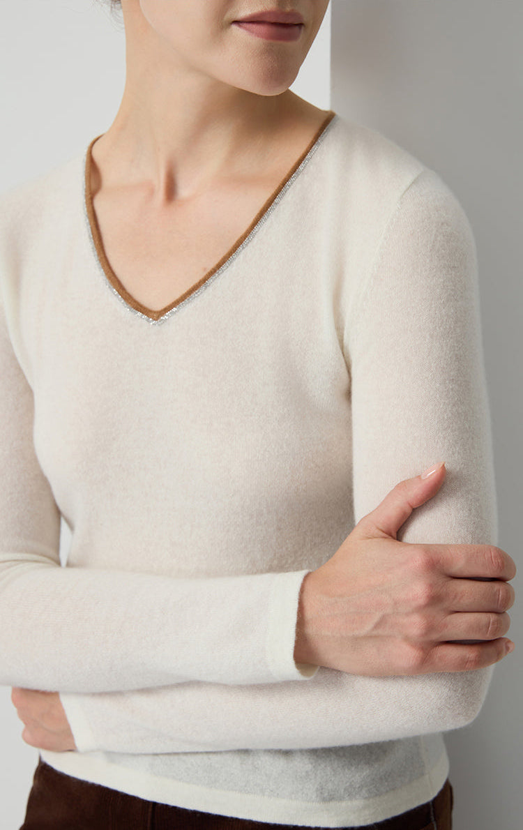 Saf  Kaşmir İnce Dokulu V Yaka Üst