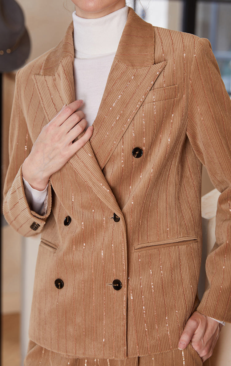 Kadife Simli Blazer Çift Düğmeli