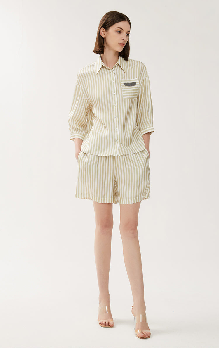 İpek Çizgili Yüksek Bel Şort