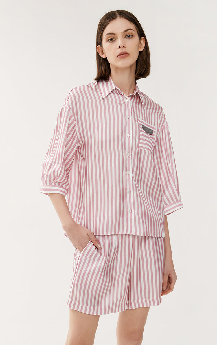 İpek Çizgili Yüksek Bel Şort