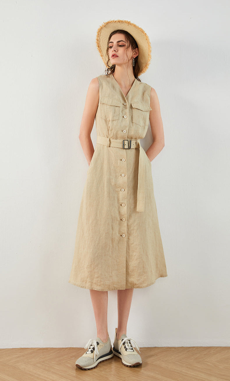 Keten İnce Dokulu V Yaka Elbise