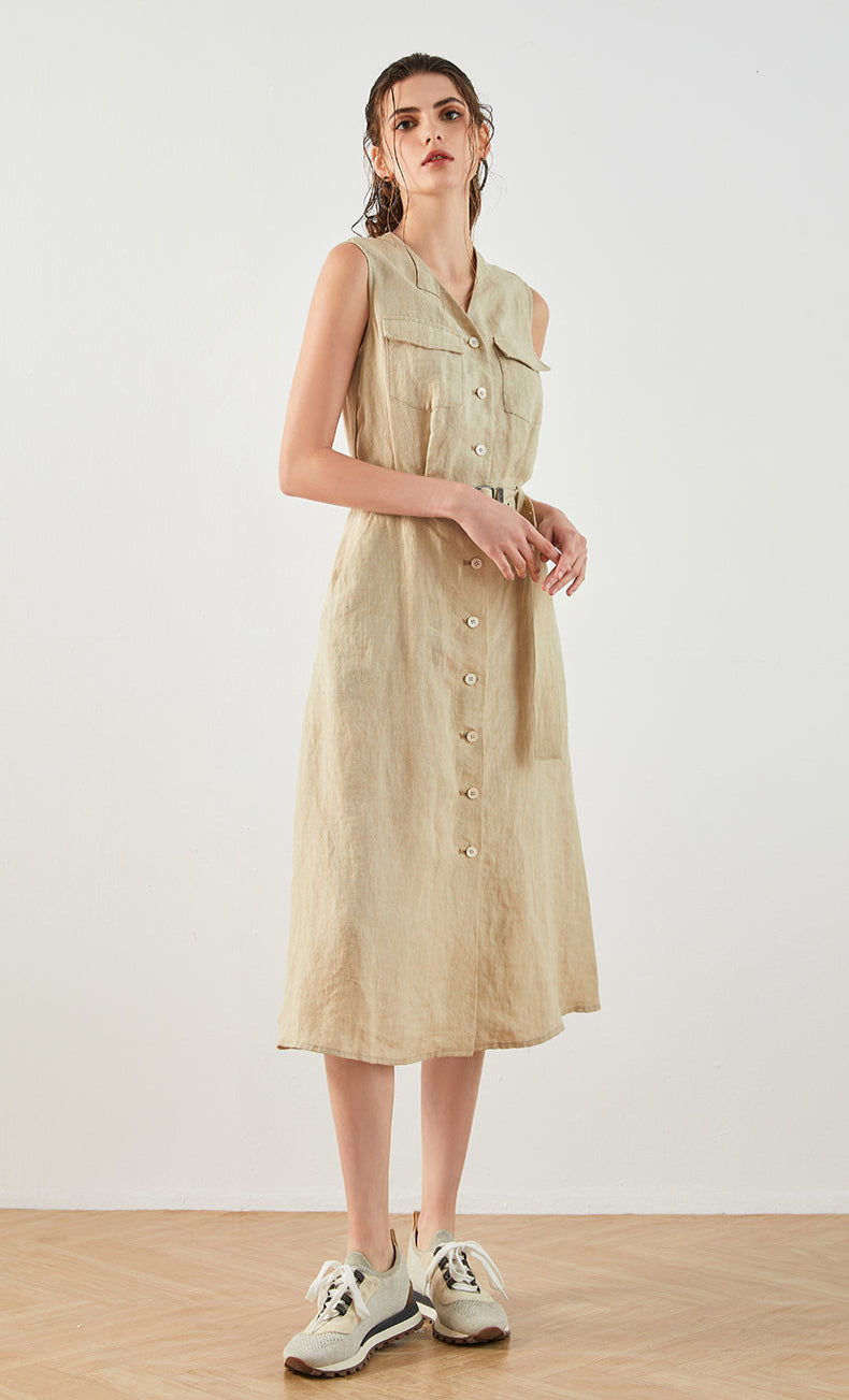 Keten İnce Dokulu V Yaka Elbise