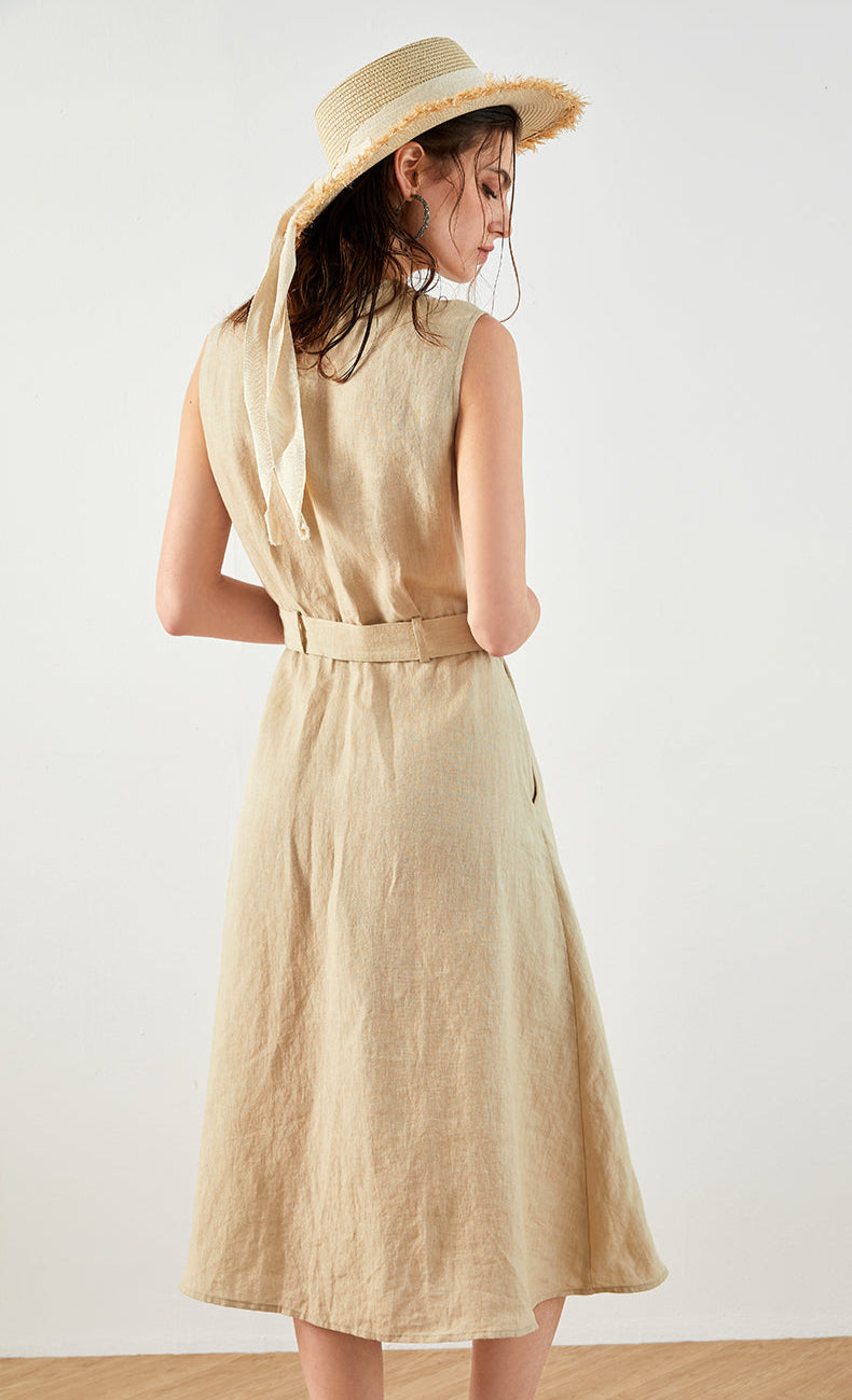 Keten İnce Dokulu V Yaka Elbise