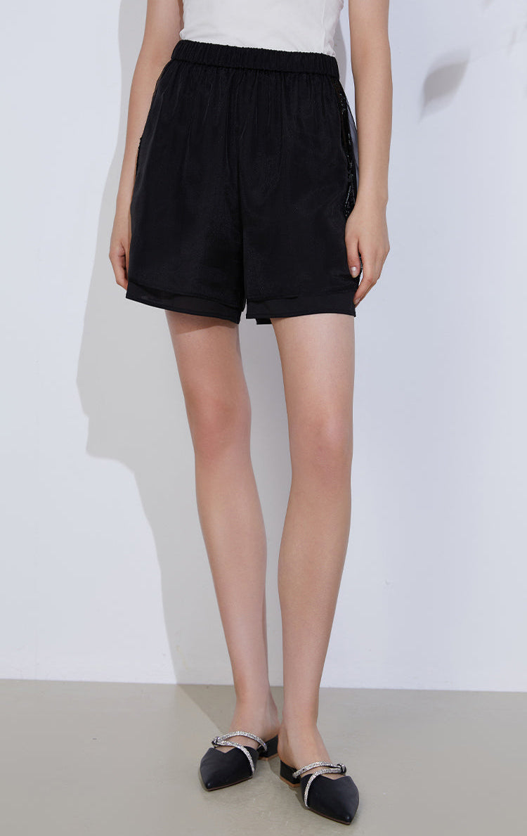 Doğal Tencel Kumaş Payetli Yüksek Bel Şort
