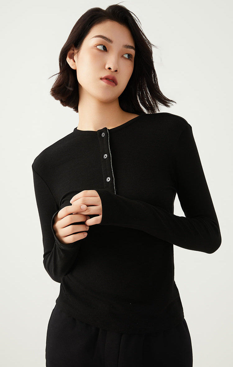 Keten & Yün Düğmeli Uzun Kollu Üst