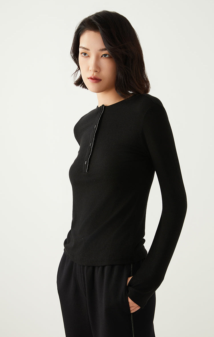 Keten & Yün Düğmeli Uzun Kollu Üst