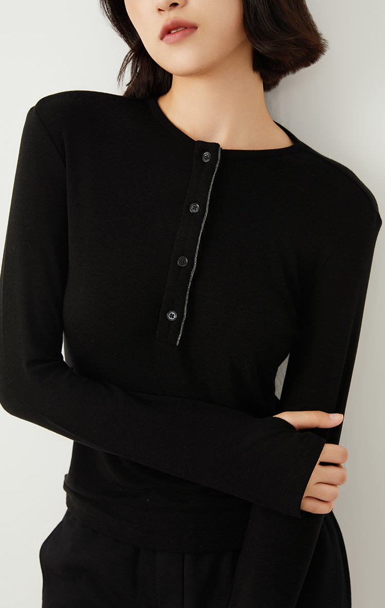 Keten & Yün Düğmeli Uzun Kollu Üst