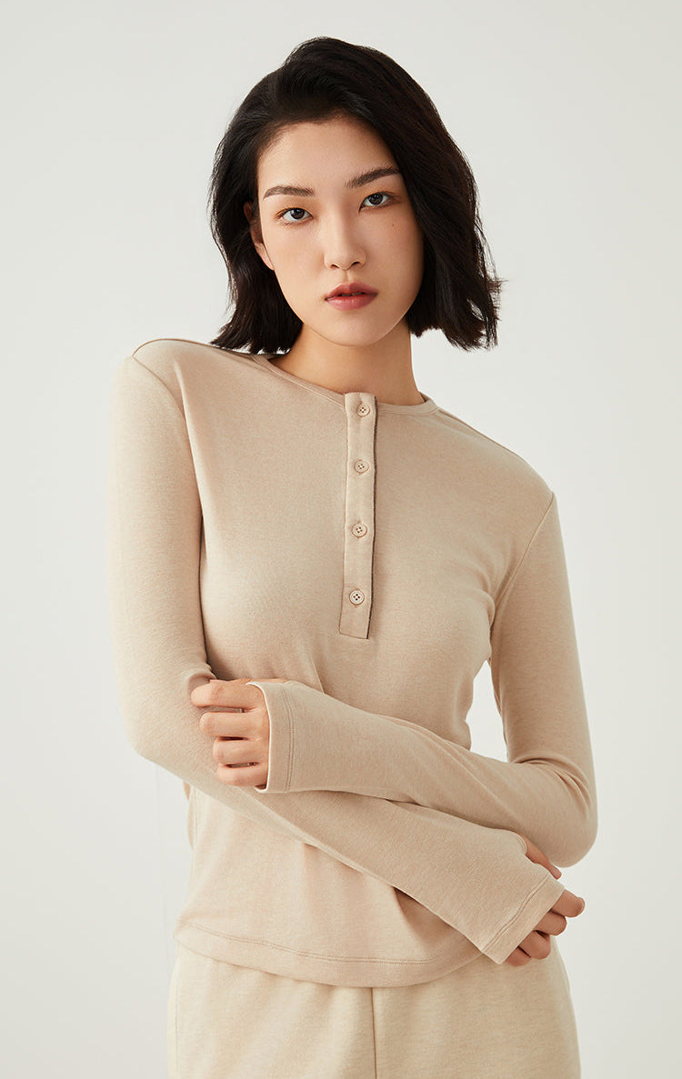 Keten & Yün Düğmeli Uzun Kollu Üst