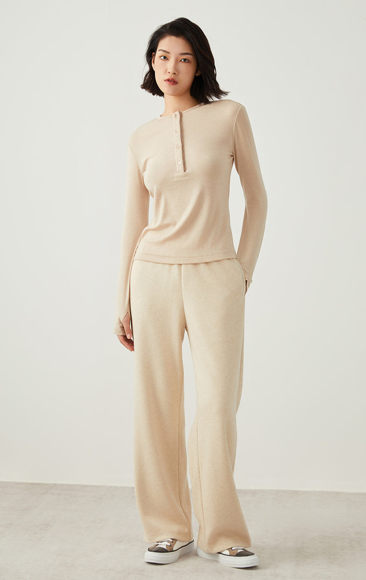 Keten & Yün Düğmeli Uzun Kollu Üst