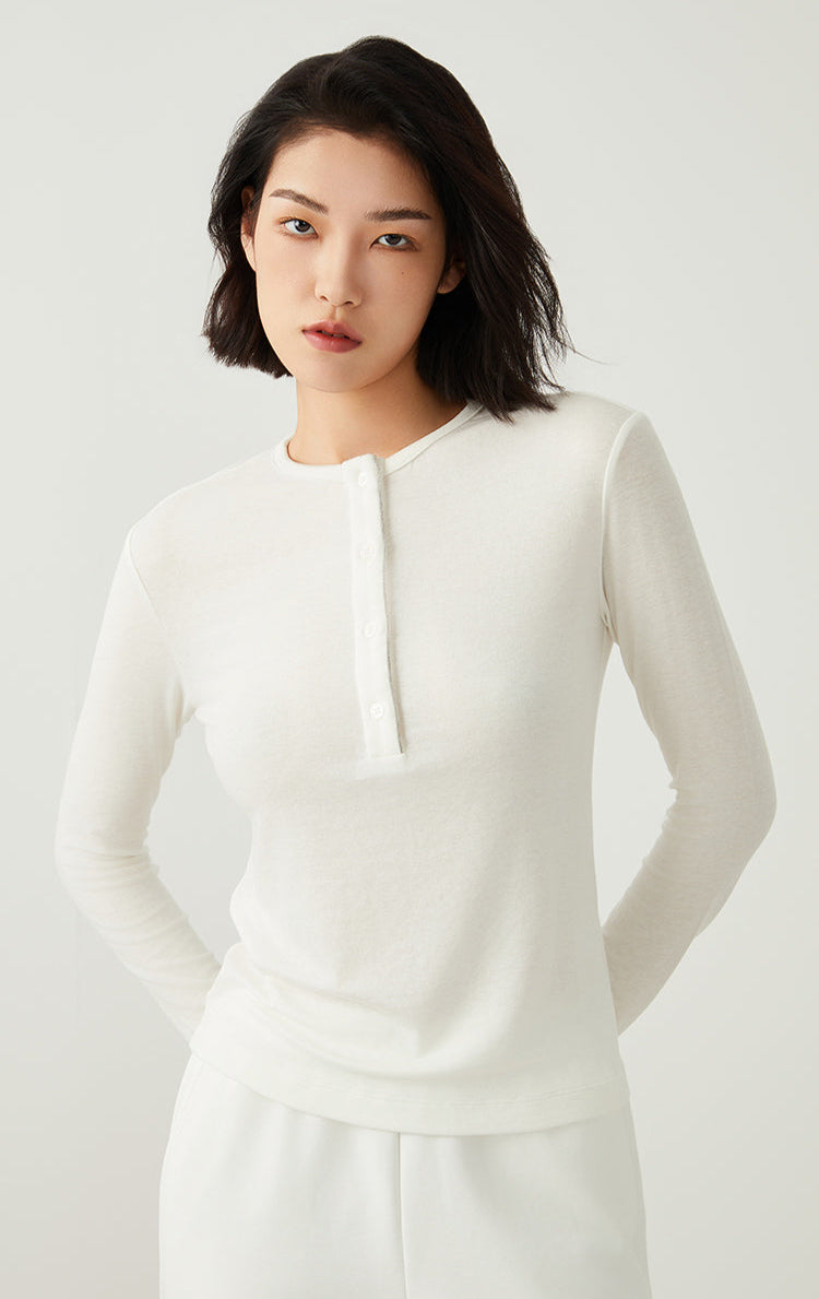 Keten & Yün Düğmeli Uzun Kollu Üst