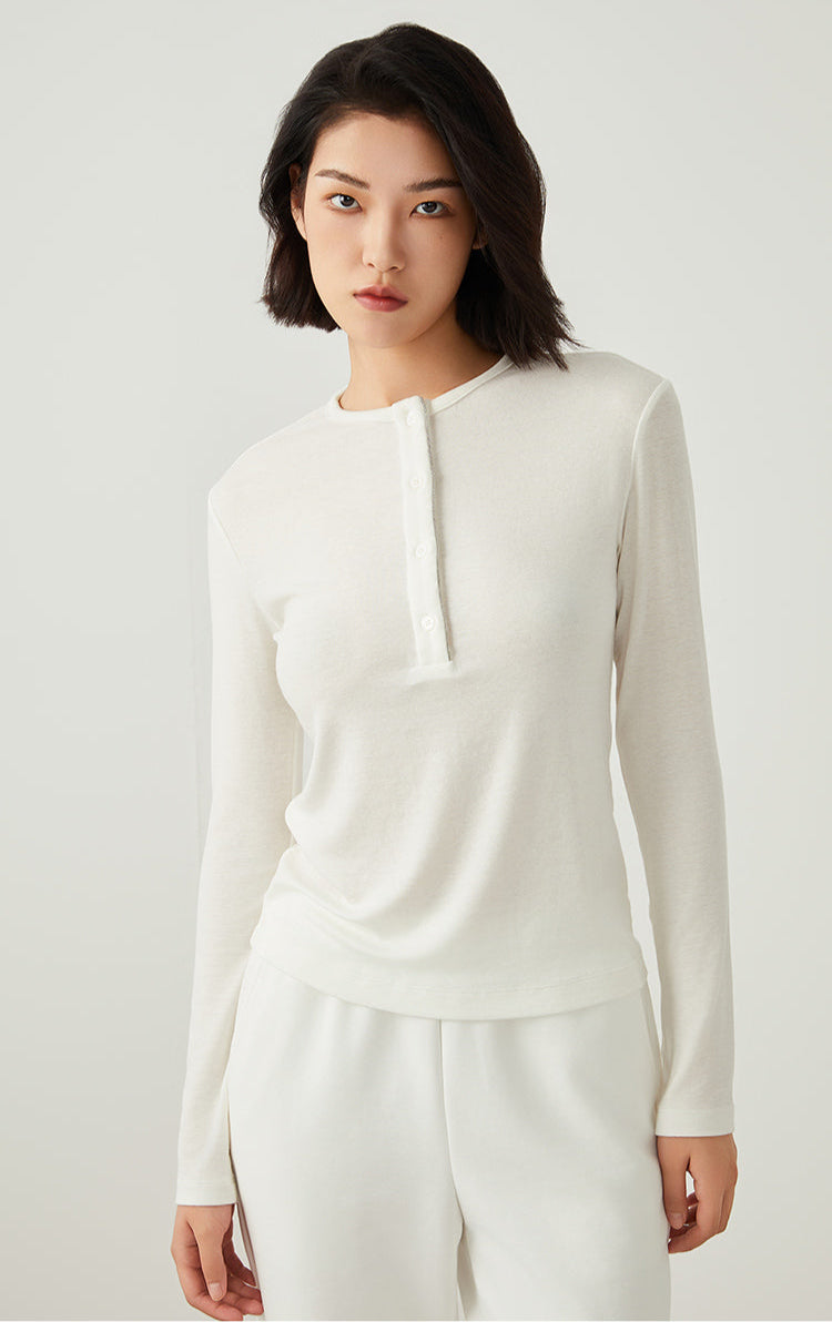 Keten & Yün Düğmeli Uzun Kollu Üst