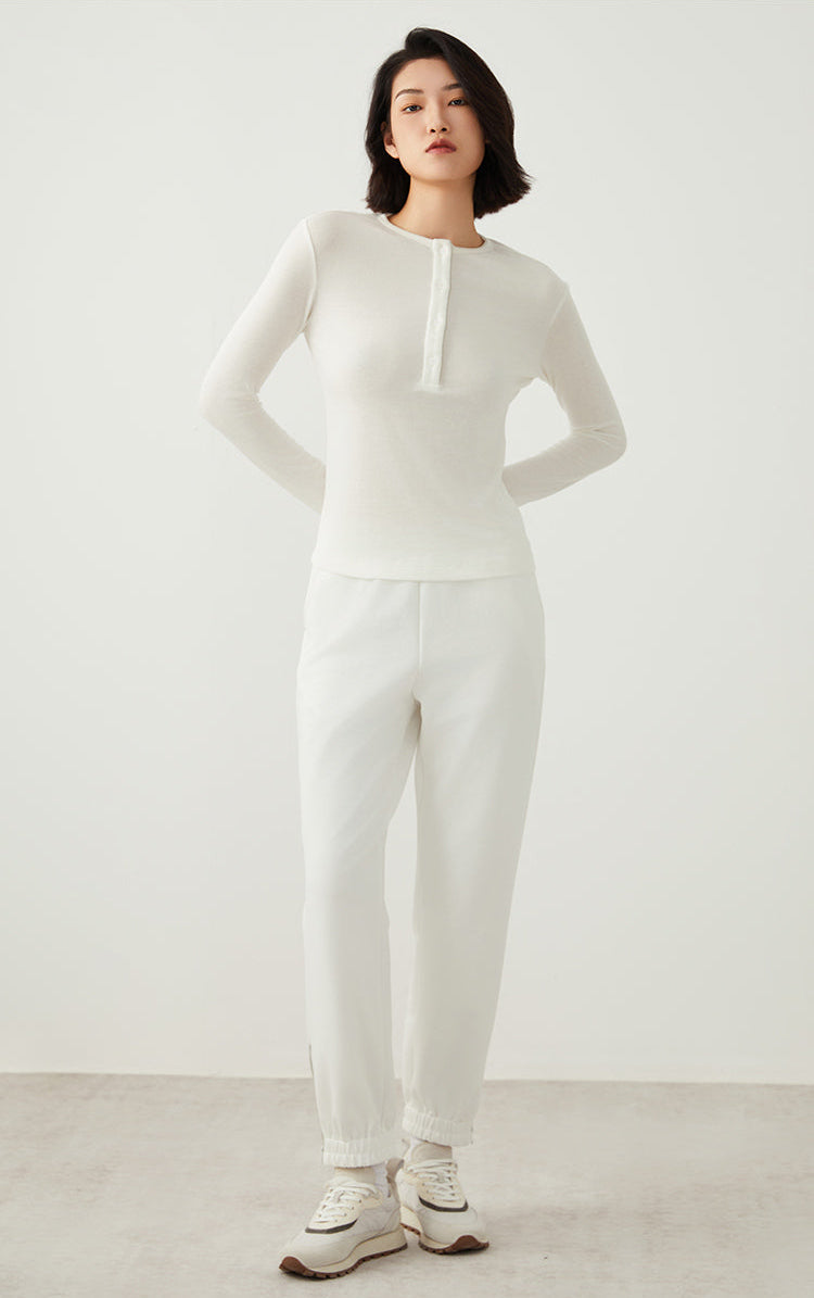 Keten & Yün Düğmeli Uzun Kollu Üst