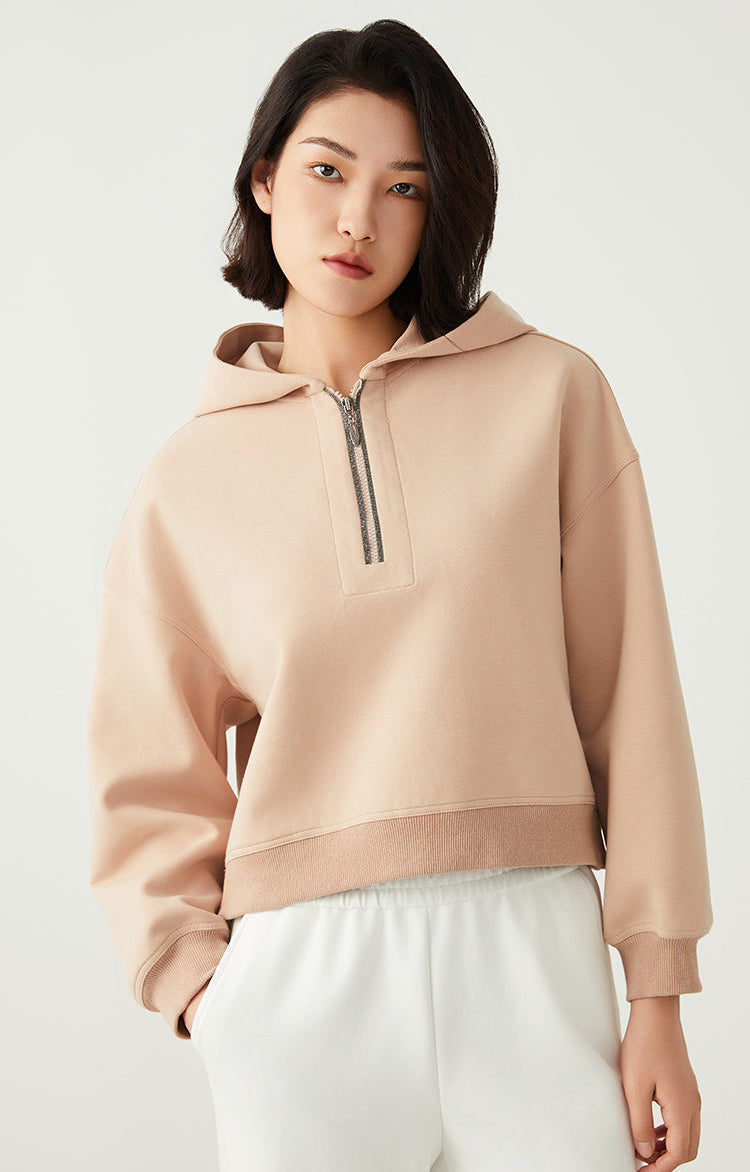 Pamuk İnce Dokulu Yarım Fermuarlı Kapüşonlu