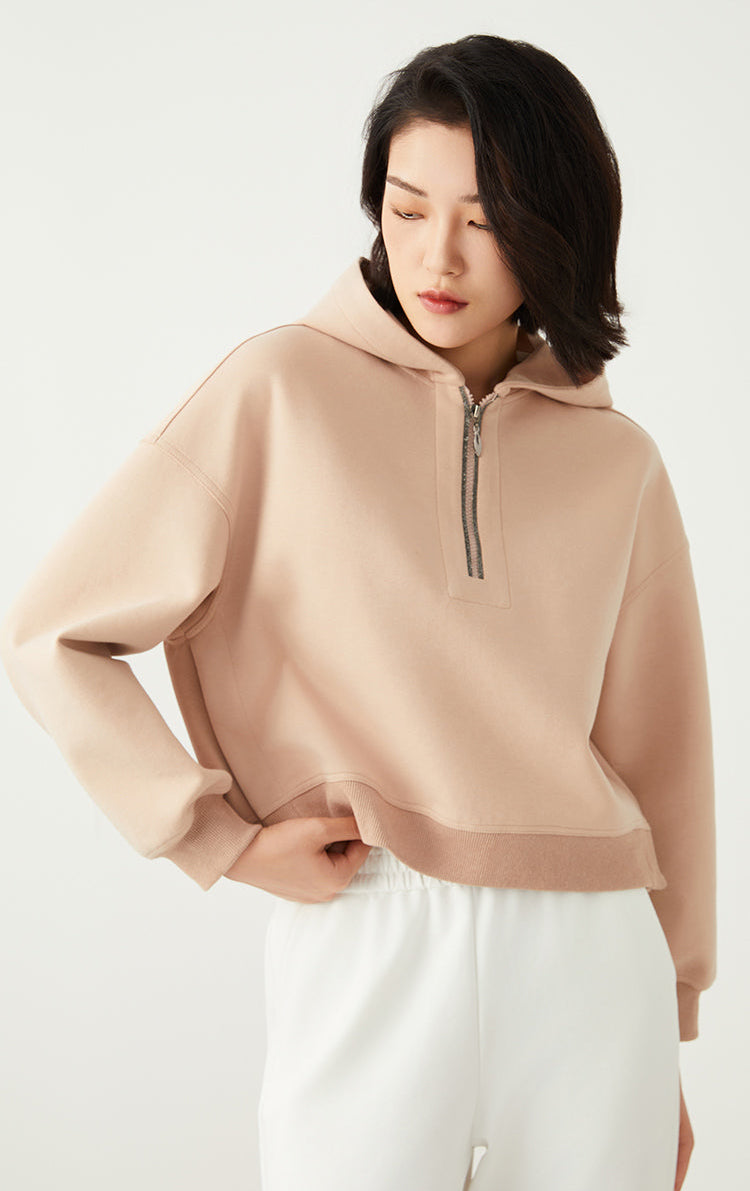 Pamuk İnce Dokulu Yarım Fermuarlı Kapüşonlu