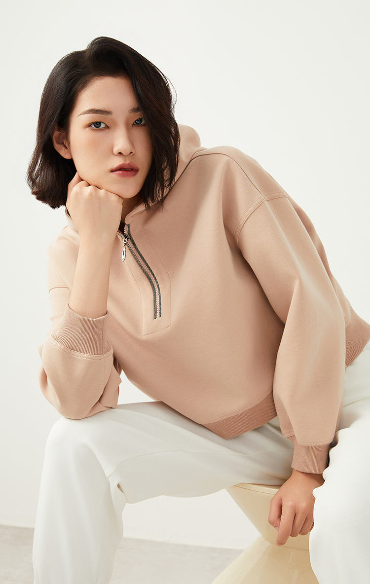 Pamuk İnce Dokulu Yarım Fermuarlı Kapüşonlu