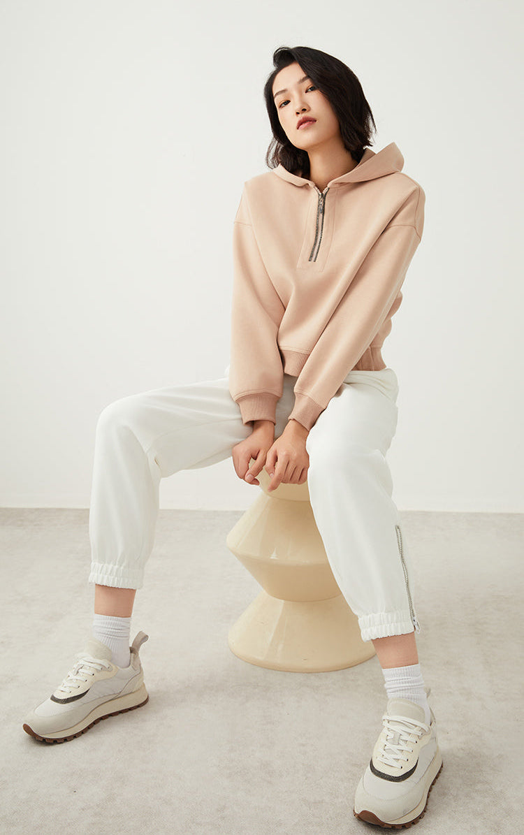 Pamuk İnce Dokulu Yarım Fermuarlı Kapüşonlu