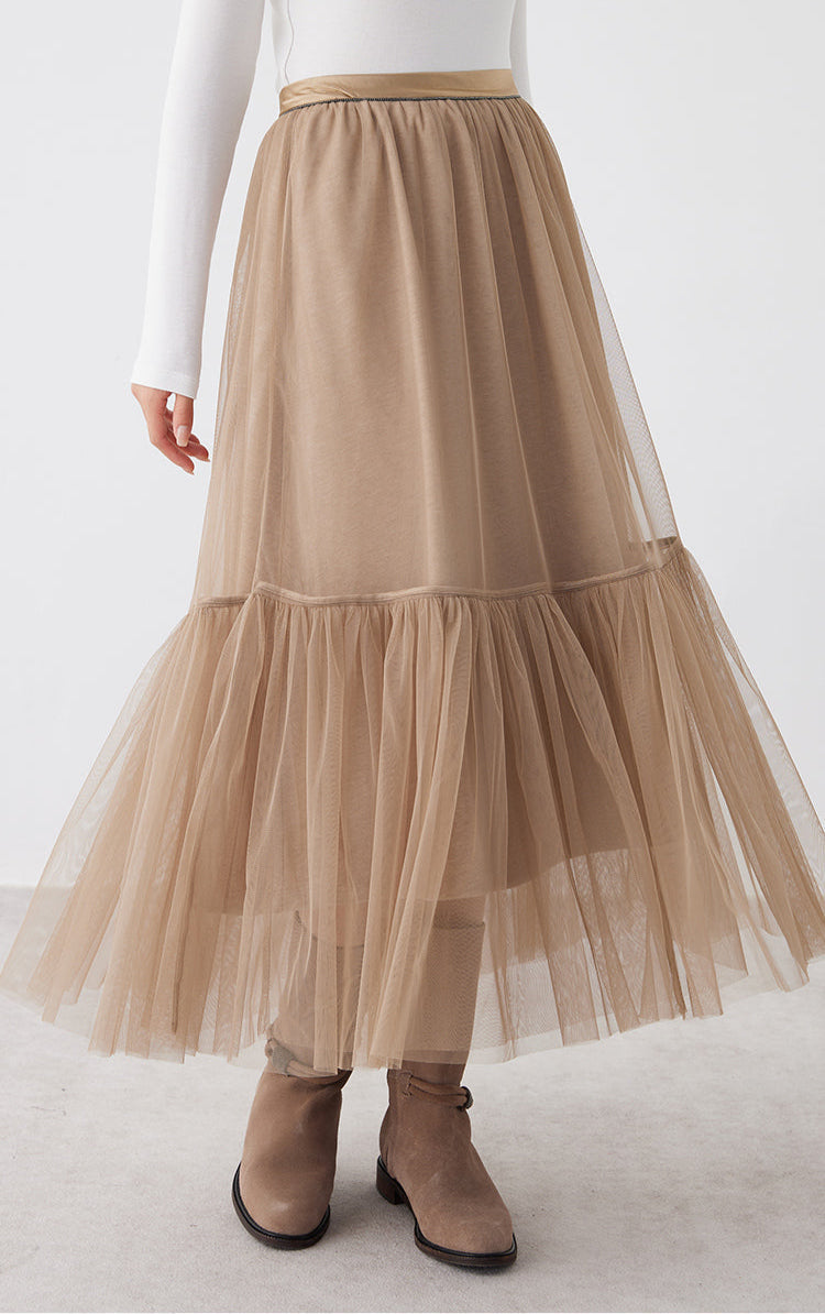 İpek Büzgülü Tül Etek